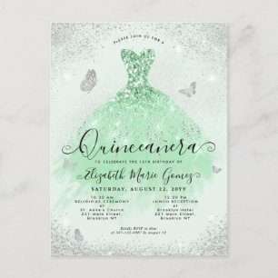 Elegant Sage Green Silver Glitter Gown Quinceanera Postcard