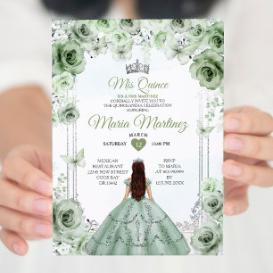 Elegant Sage Green & Silver Princess Mis Quince Invitation