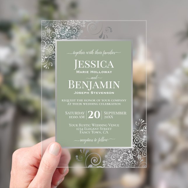 Elegant Sage Green & Silver Stylish Text Wedding Acrylic Invitations (Creator Uploaded)
