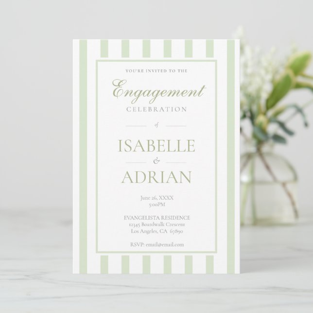 Elegant Sage Green Stripe Engagement Invitation (Standing Front)