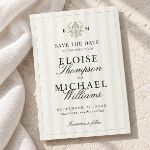 Elegant Sage Green Stripe Monogram Photo Wedding Save The Date