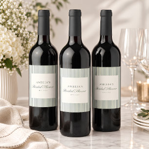 Elegant Sage Green Stripe Script Bridal Shower Wine Label