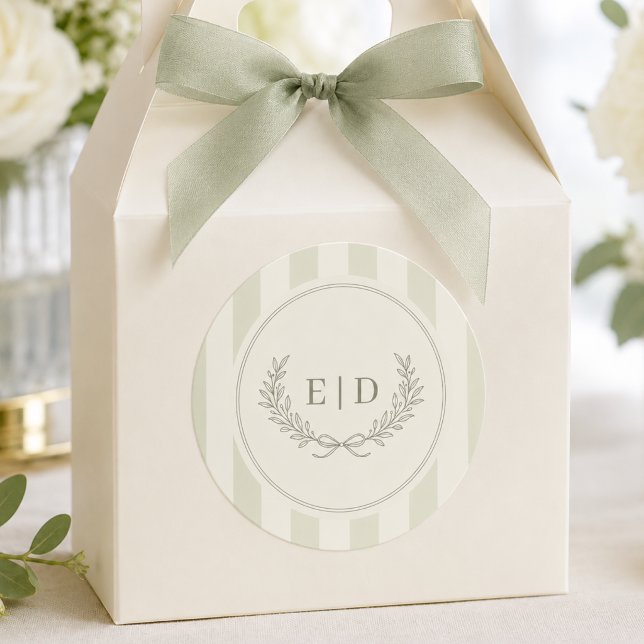 Elegant Sage Green Striped Monogram Wedding Classic Round Sticker (Creator Uploaded)