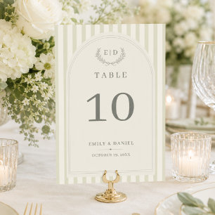 Elegant Sage Green Striped Monogram Wedding Table Number
