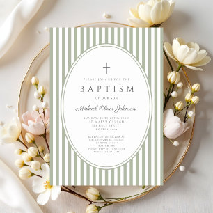 Elegant Sage Green Stripes Boy Baptism Invitation