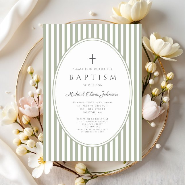 Elegant Sage Green Stripes Boy Baptism Invitation (Elegant Sage Green Stripes Boy Baptism Invitation)