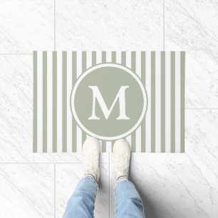 Elegant Sage Green Stripes Monogram Doormat