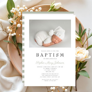 Elegant Sage Green Stripes Photo Baptism Invitation