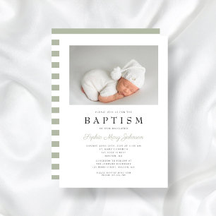 Elegant Sage Green Stripes Photo Baptism Invitation