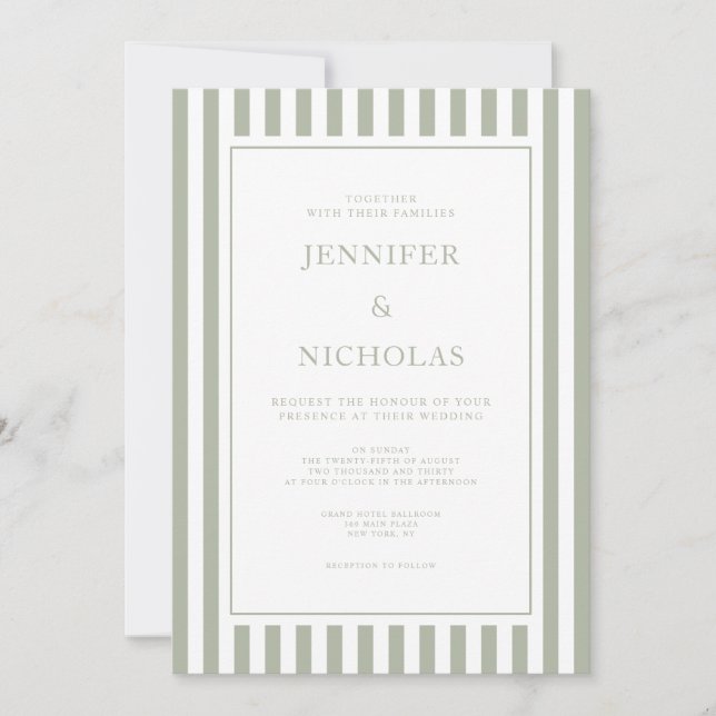 Elegant Sage Green Stripes Wedding Invitation (Front)
