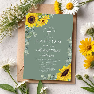 Elegant Sage Green Sunflower Cross Baptism Invitation