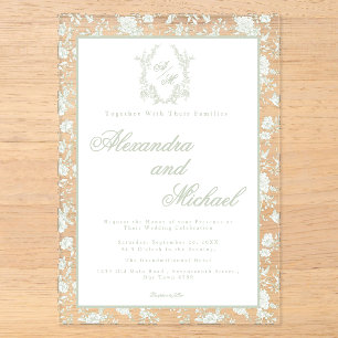Elegant Sage Green Toile Floral Monogram Acrylic Invitations