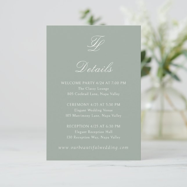 Elegant Sage Green Traditional Wedding Enclosure Card (Standing Front)