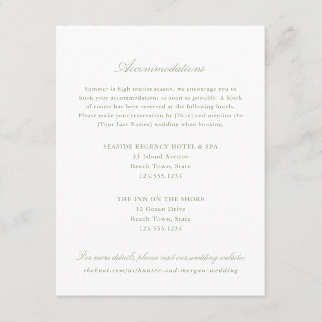 Elegant Sage Green Two Hotel Accommodations Enclosure Card (Front)