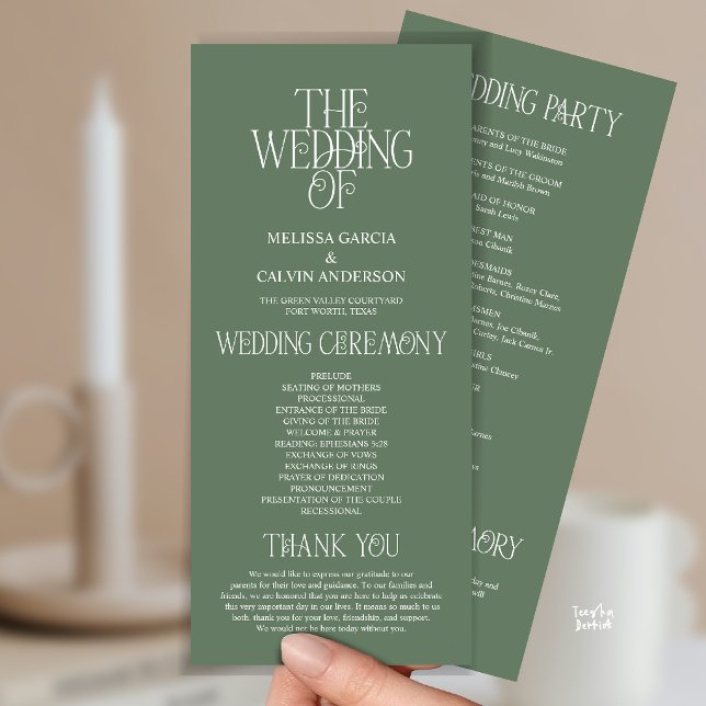 Elegant Sage Green Typography Wedding Program Programme (Sage Green Typography Modern Romantic Wedding Program Card)