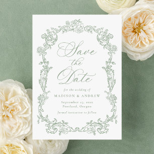 Elegant Sage Green Victorian Floral Frame Wedding Save The Date