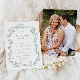 Elegant Sage Green Victorian Floral Photo Wedding Invitation
