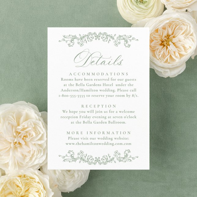 Elegant Sage Green Victorian Floral Wedding Detail Enclosure Card (Creator Uploaded)