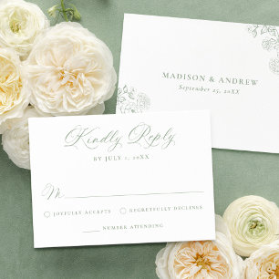 Elegant Sage Green Victorian Floral Wedding RSVP Card
