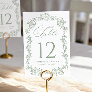Elegant Sage Green Victorian Floral Wedding Table Number