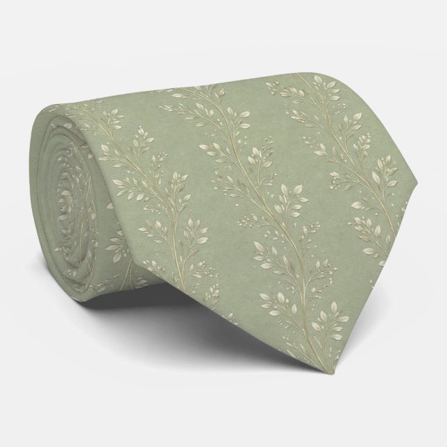Elegant Sage Green Vine Delicate Botanical  Tie (Rolled)