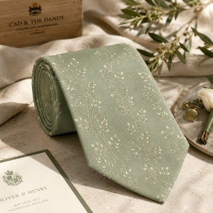 Elegant Sage Green Vine Delicate Botanical Tie