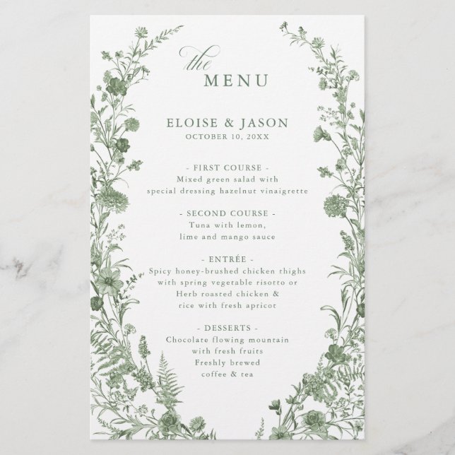 Elegant Sage Green Vintage Classic Wedding Menu (Front)