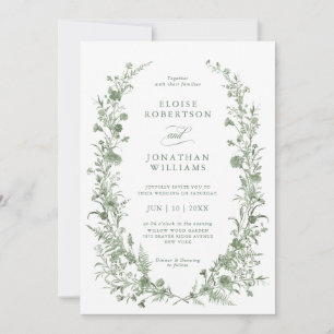 Elegant Sage Green Vintage Floral Details Wedding Invitation