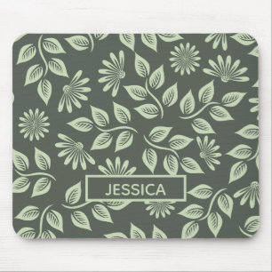 Elegant Sage Green Vintage Floral Personalised Mouse Pad