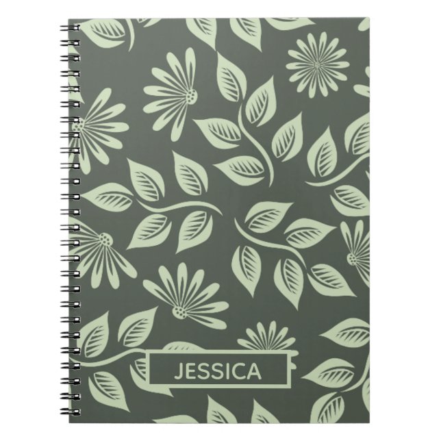 Elegant Sage Green Vintage Floral Personalised Notebook (Front)