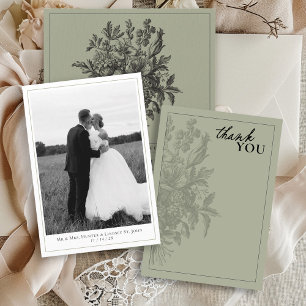 Elegant Sage Green Vintage Floral Photo Wedding Thank You Card