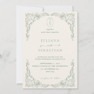 Elegant Sage Green Vintage Floral Wedding Invitation
