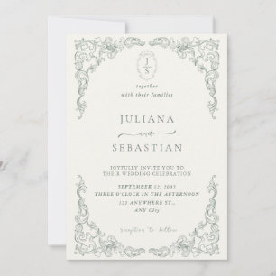 Elegant Sage Green Vintage Floral Wedding Invitation