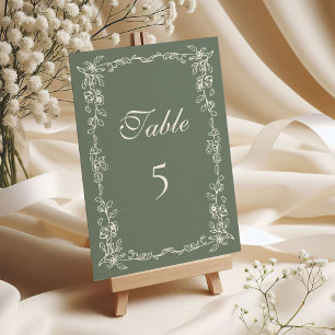 Elegant Sage Green Vintage Floral Wedding Table Number