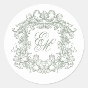 Elegant Sage Green Vintage Monogram Crest Wedding Classic Round Sticker