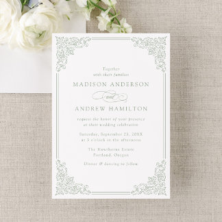 Elegant Sage Green Vintage Ornate Frame Wedding Invitation