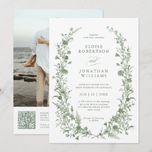 Elegant Sage Green Vintage Photo  QR Code Wedding Invitation