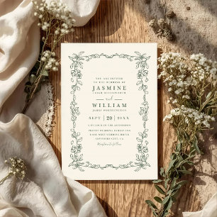 Elegant Sage Green Vintage QR Code Wedding Invitation