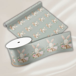 Elegant Sage Green Watercolor Bunny Rabbit Baby Satin Ribbon