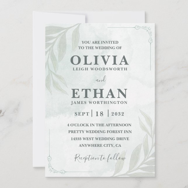 Elegant Sage Green Watercolor Foliage Wedding  Invitation (Front)