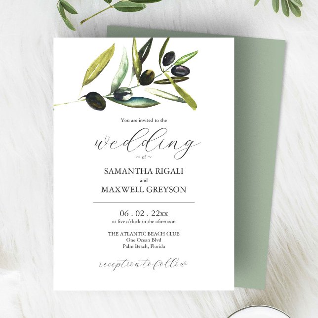 Elegant Sage Green Watercolor Greenery Wedding Invitation (watercolor wedding invitations hand painted olive branch art by Victoria Grigaliunas Do Tell A Belle)