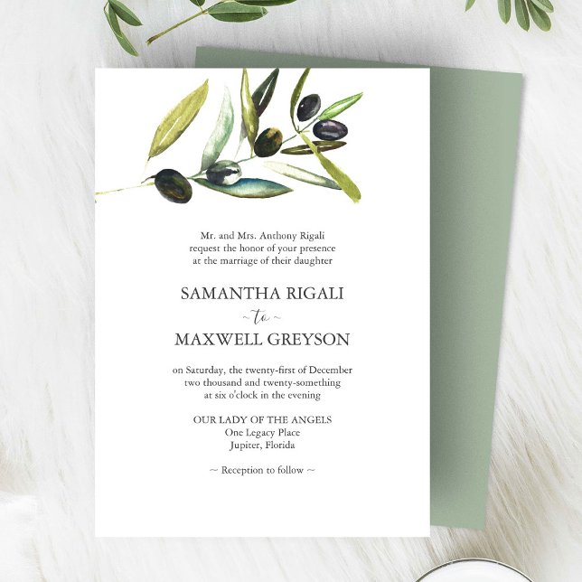 Elegant Sage Green Watercolor Olive Wedding Invitation (watercolor wedding invitations olive branch art by Victoria Grigaliunas of Do Tell A Belle)