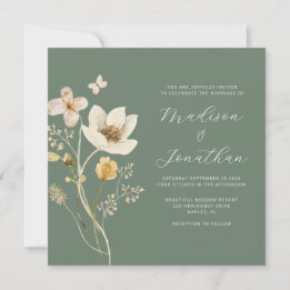 Elegant Sage Green Watercolor Wildflower Wedding  Invitation
