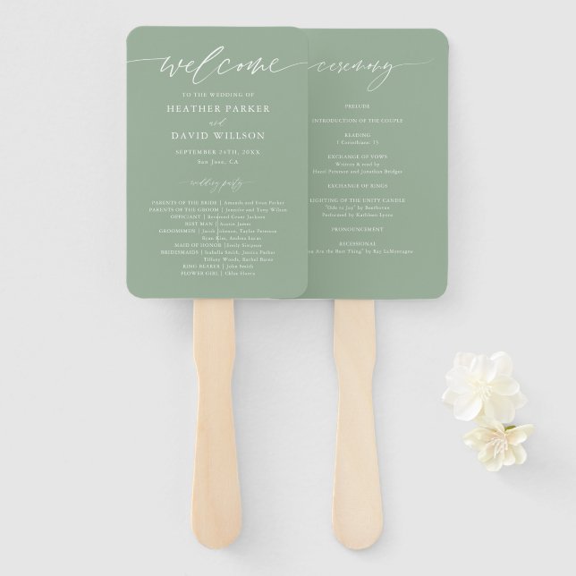 Elegant Sage Green Wedding Ceremony Program Hand Fan (Front and Back)
