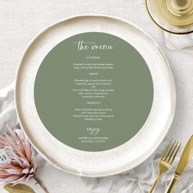 Elegant Sage Green Wedding Circle Menu Cards (Creator Uploaded)