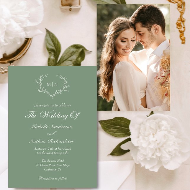 Elegant Sage Green Wedding Monogram Photo Invitation (Creator Uploaded)