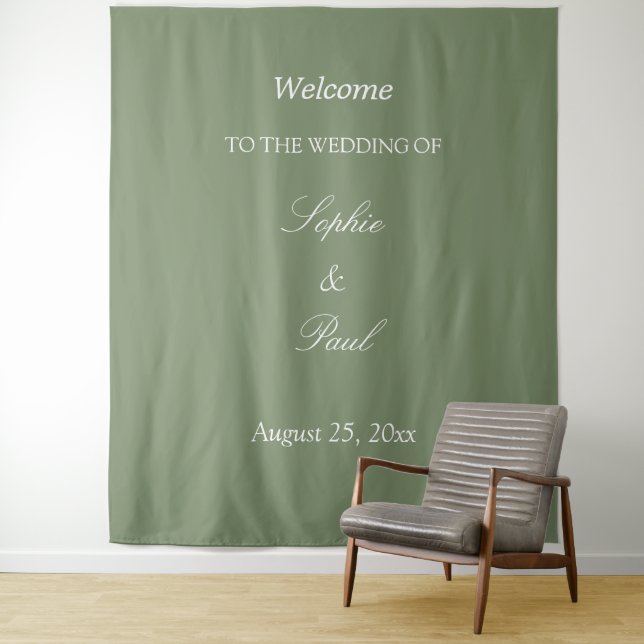Elegant Sage Green Wedding Welcome Tapestry (In Situ)