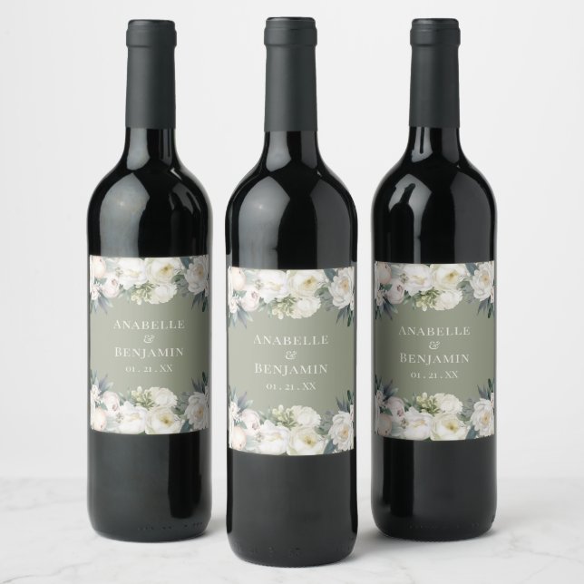 Elegant Sage Green Wedding Wine Label (Bottles)