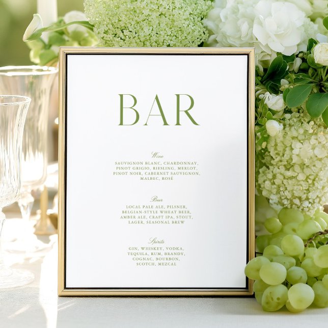 Elegant Sage Green & White 8.5x11 Wedding Bar Sign (Elegant Sage Green & White 8.5x11 Wedding Bar Sign)