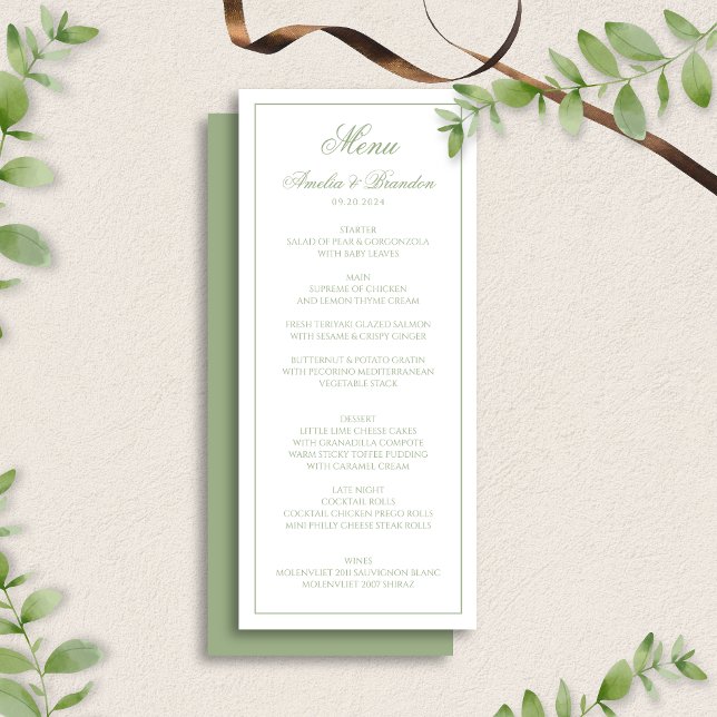 Elegant Sage Green & White Border Script Wedding Menu (Creator Uploaded)